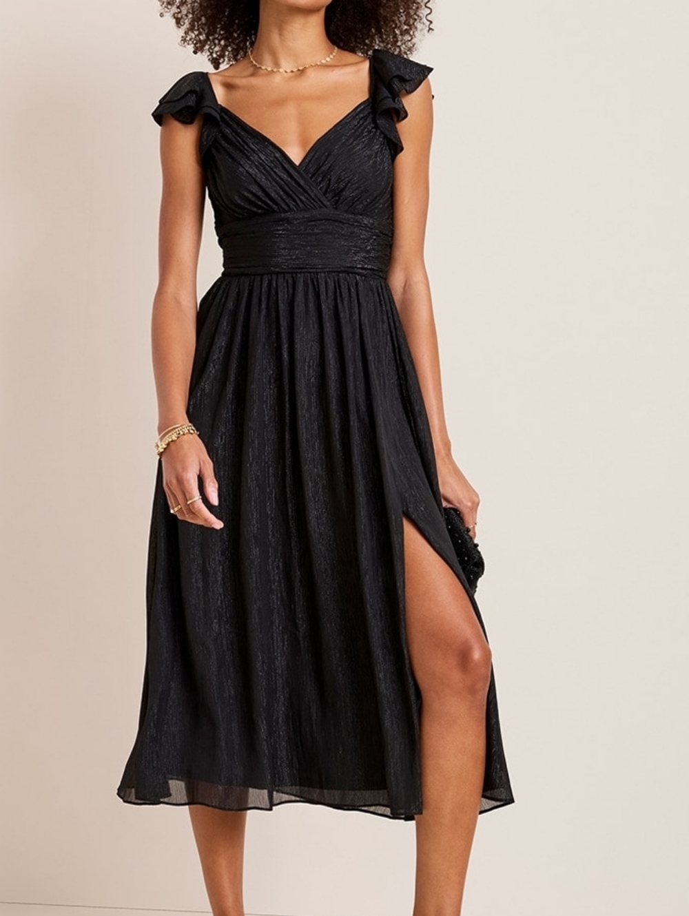 Francesca's Collections Black V-Neck Midi Dress with Ruffle Sleeves Size M